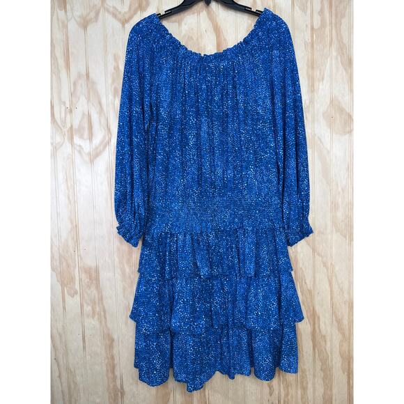NWT Michael Kors On Off Shoulder Ruffle Dress Mosaic Blue M Cottagecore Tiered - Picture 8 of 8